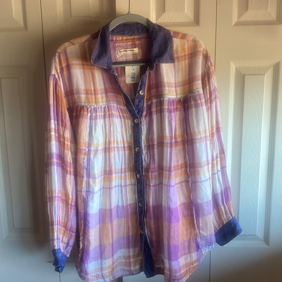 FREE PEOPLE NWT Oversized Olivia Plaid 100% Cotton Flannel Button Down Top - Picture 3 of 12